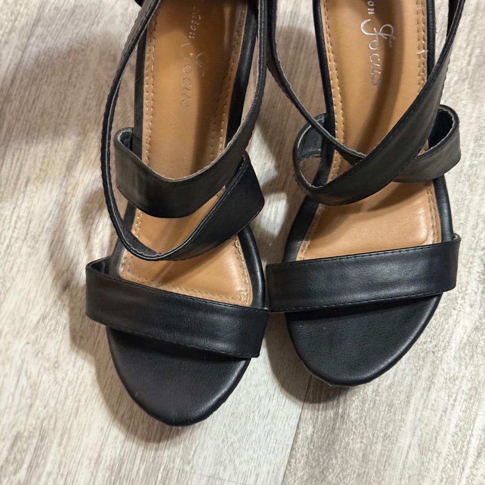 Fashion Focus Women Black Wedge‎ Heels Ankle Strap Sandals Size 8